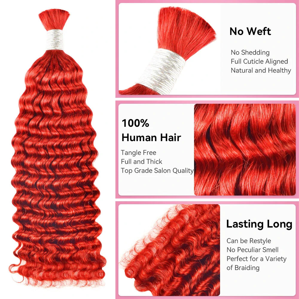 Красный цвет, глубокая волна,  – обзор и цена Water Wave Bulk Human Hair For Braiding